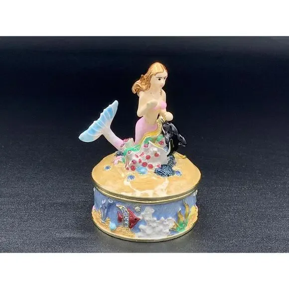 Mermaid Trinket Box Ocean Scene Enamel Seahorse Fish Keepsake